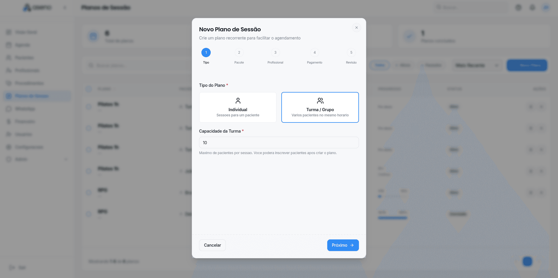 Criação de plano de sessão recorrente no Aseno